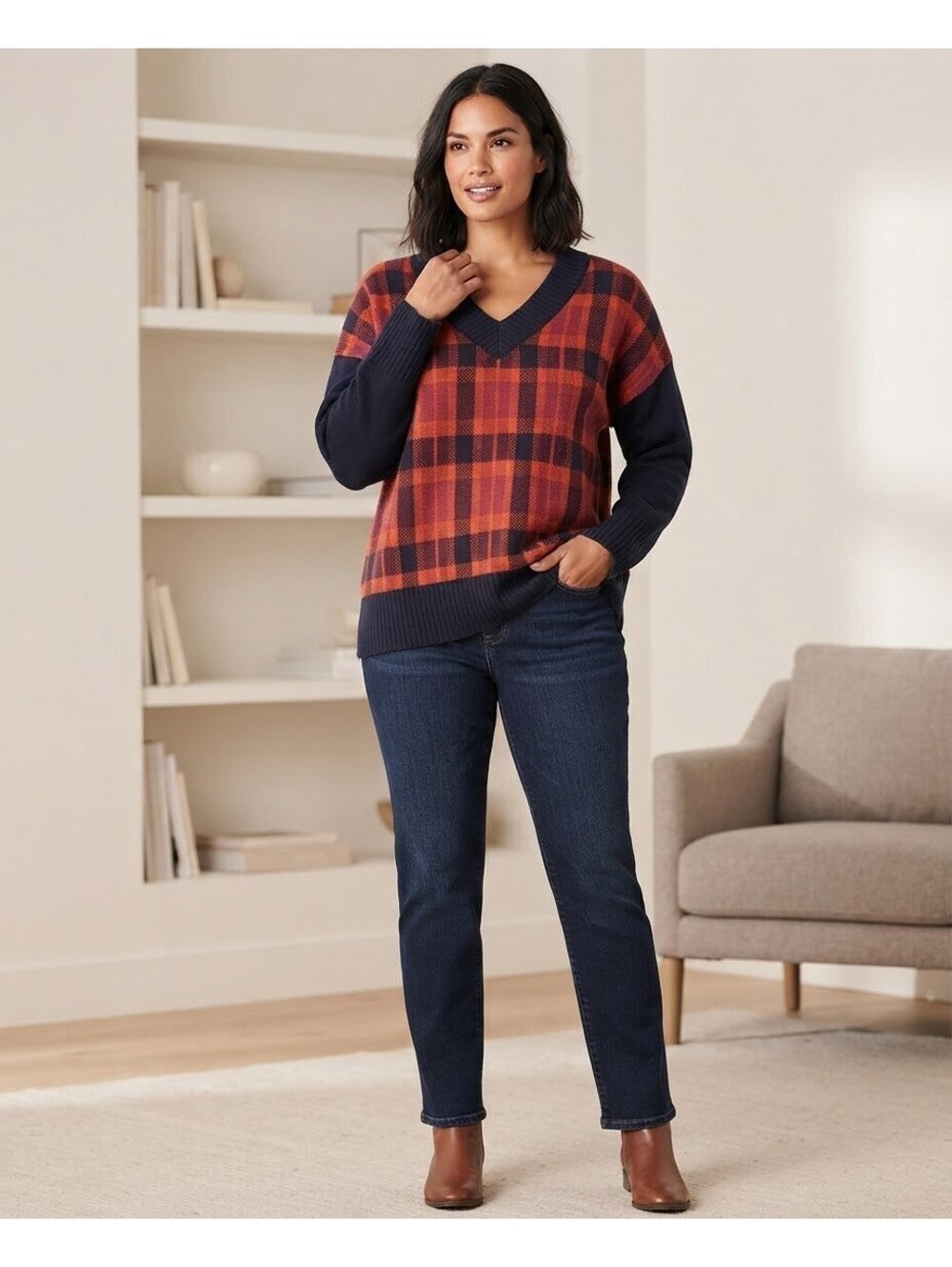 NWT CJ Banks Plaid V-Neck Sweater Size 1X Orange Burgundy Navy Tartan Pullover